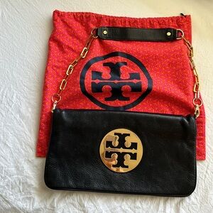 Tory Burch Black Leather Clutch with Gold Accents